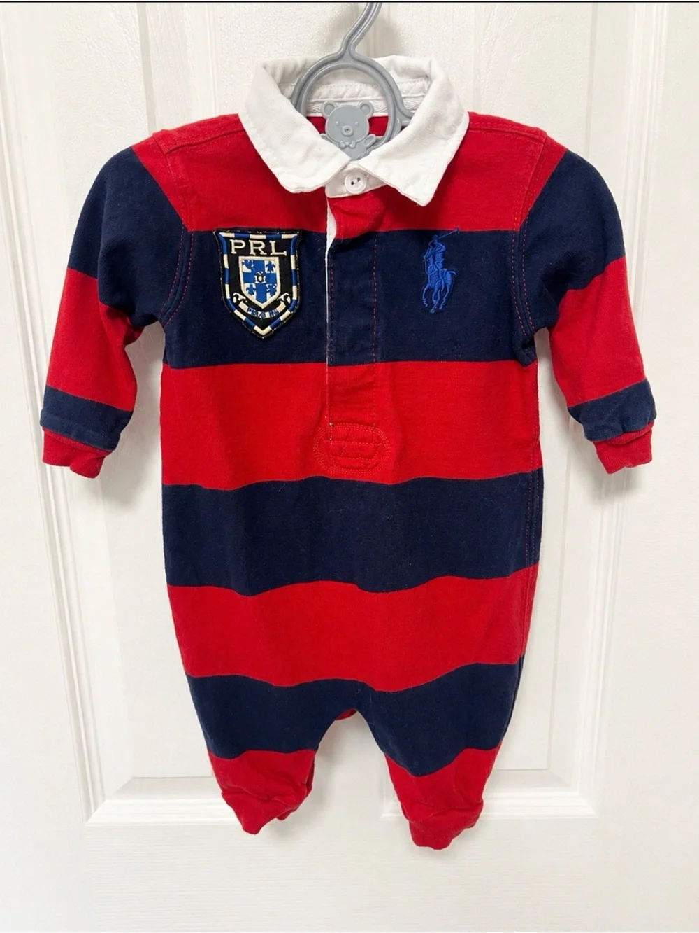 Ralph Lauren Baby Boy Red Navy Striped Rugby Romper 3M